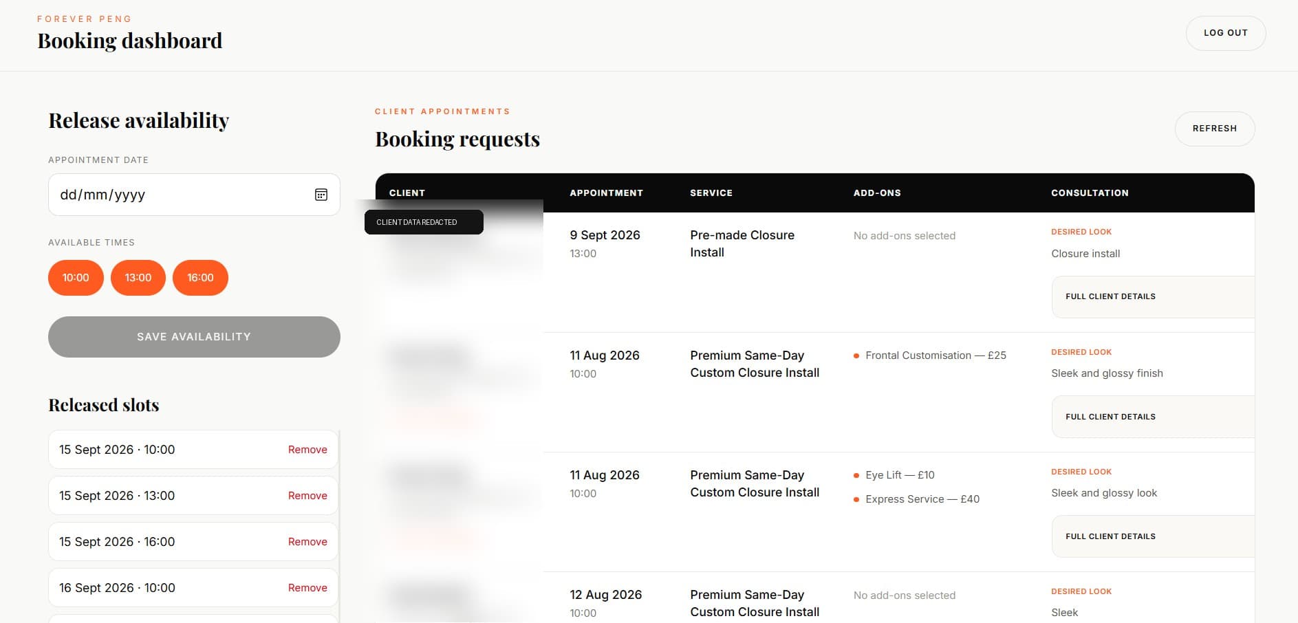 Forever Peng Hair operations interface with private client data redacted